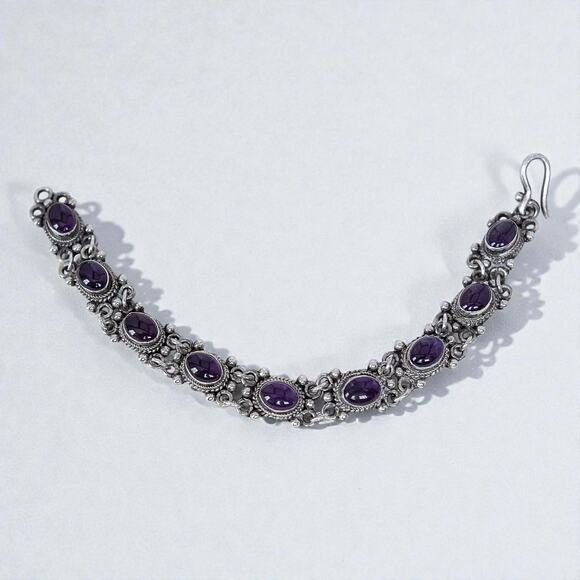 Vintage 925 Silver Amethyst Tennis Bracelet Scrollwork Purple Gemstone 6.5" - Picture 2 of 12